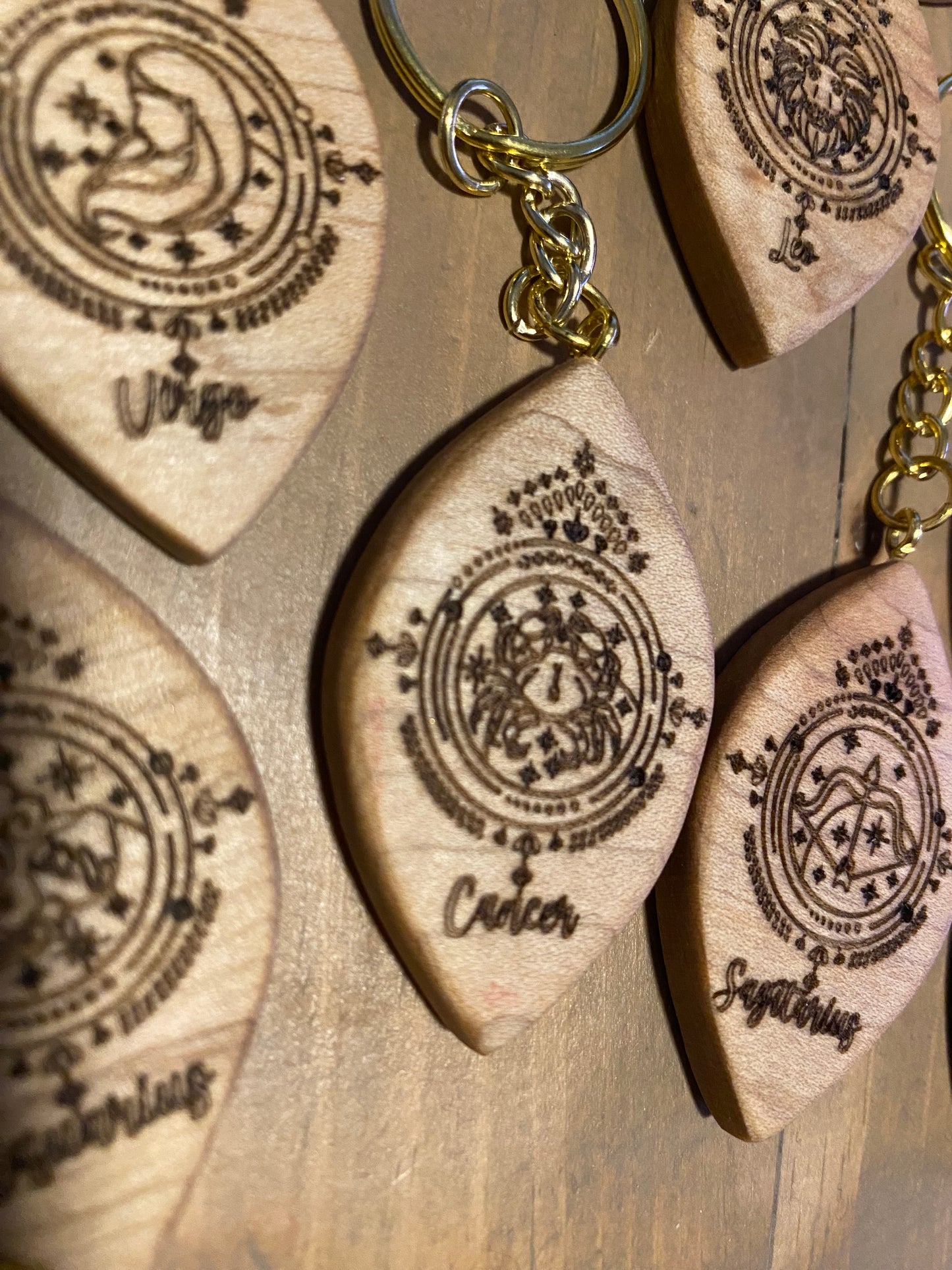 Zodiac sign keychains, solid maple