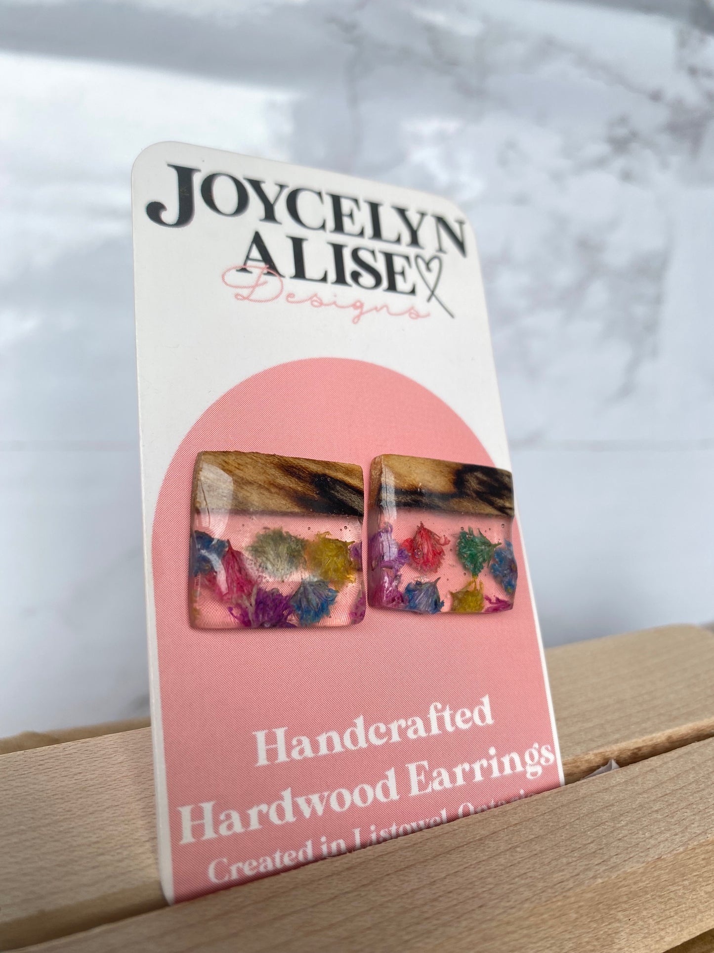 Spalted maple+ rainbow Baby’s Breath statement square studs