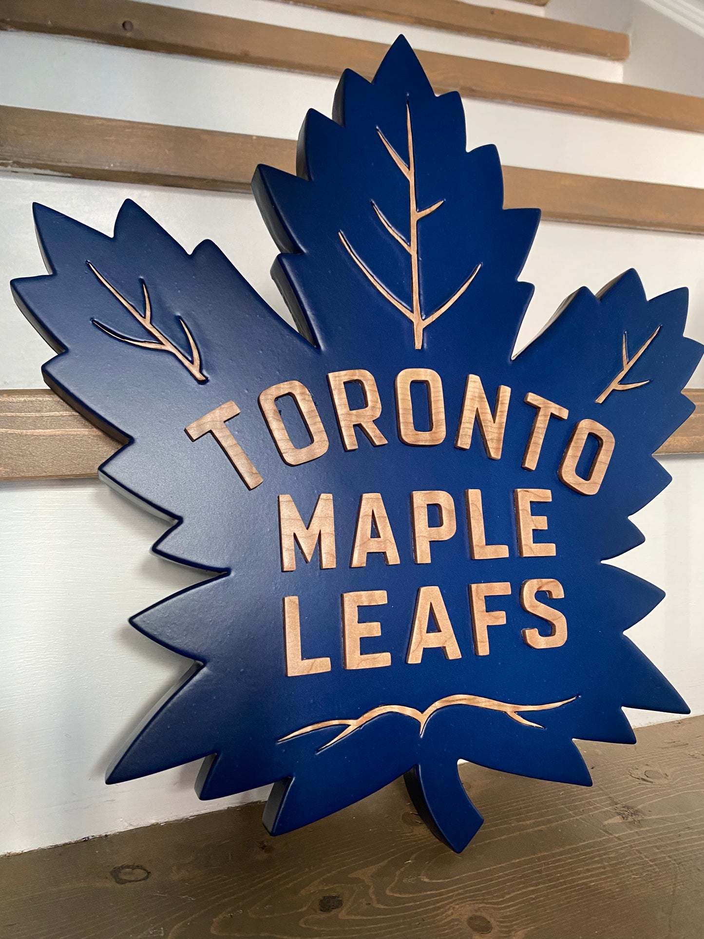 Toronto Maple Leafs Handcut logo-Blue/Curly Maple-AS IS-see description/video regarding paint damage!