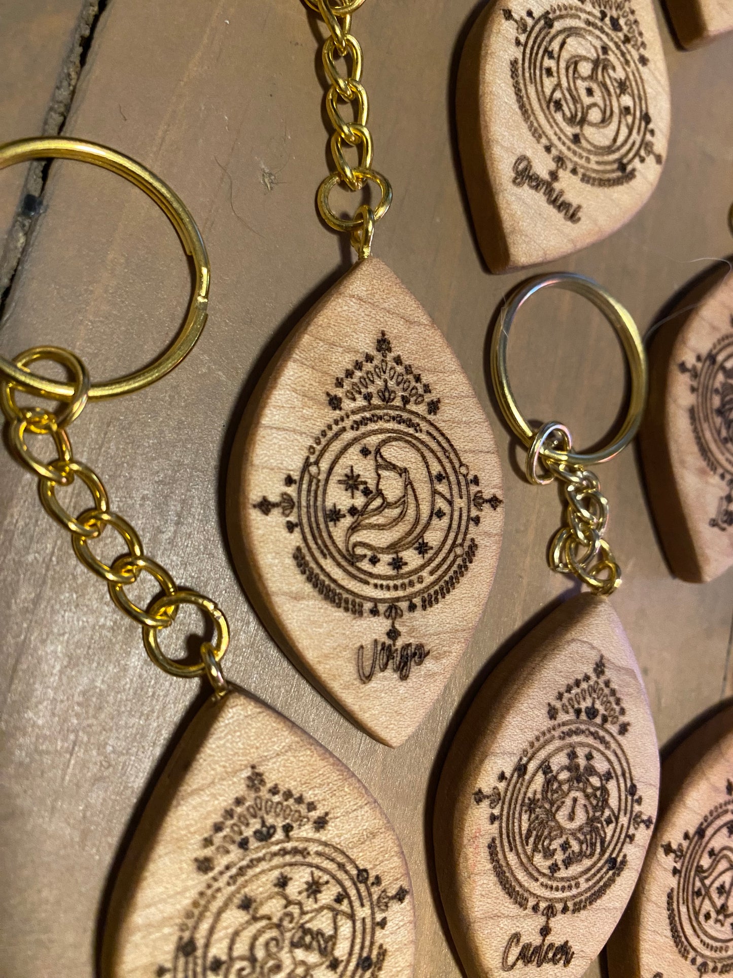 Zodiac sign keychains, solid maple