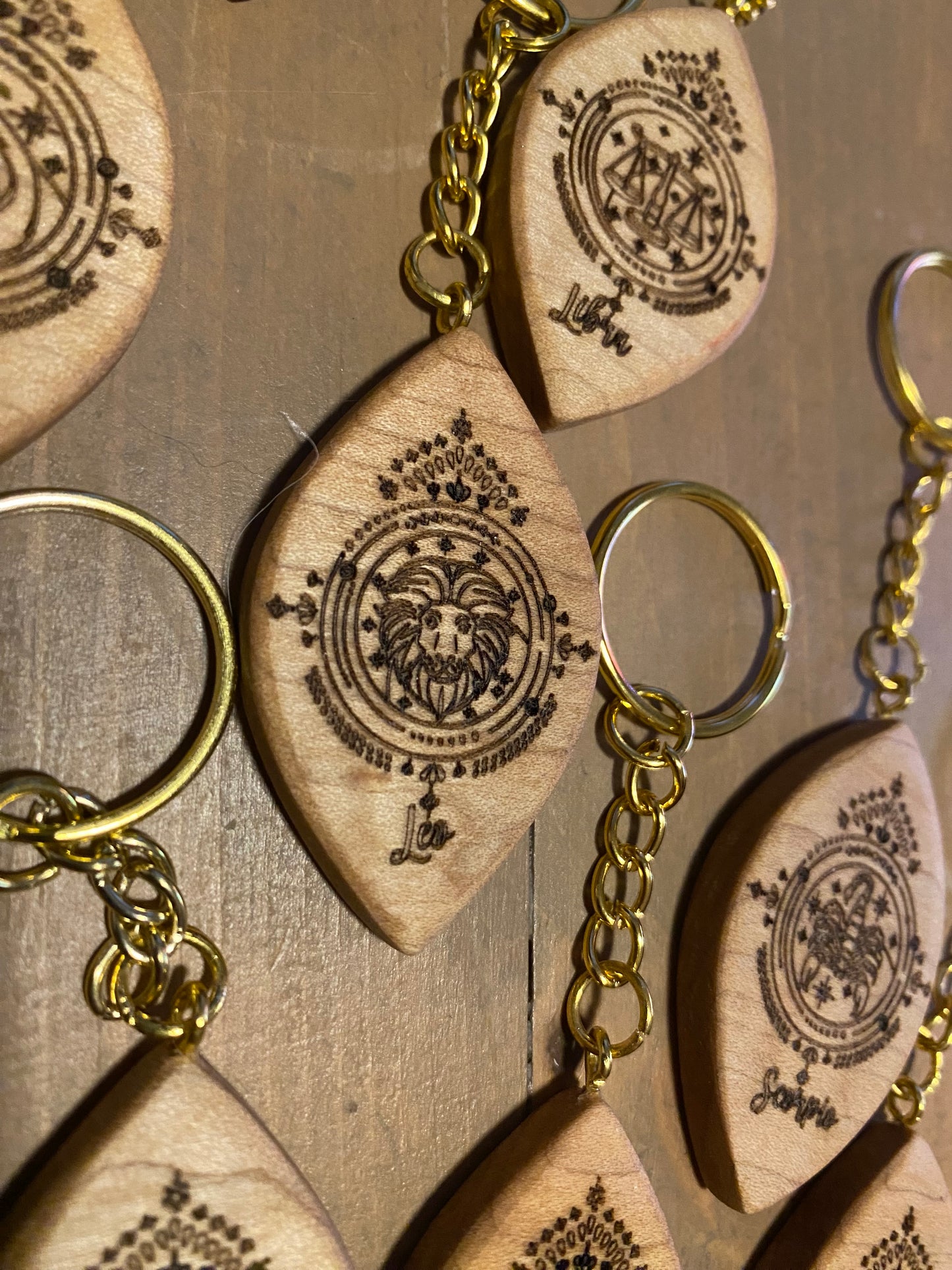 Zodiac sign keychains, solid maple