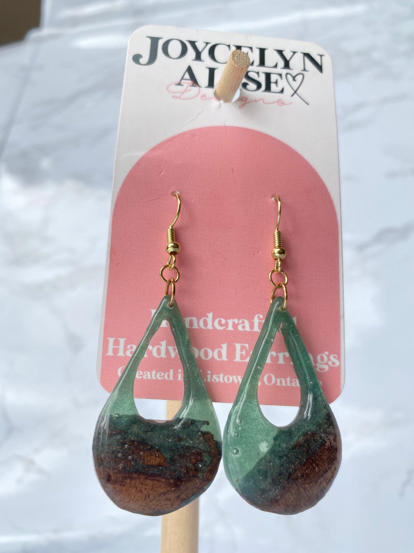 Live edge roasted ash wood + green shimmer epoxy teardrop earrings