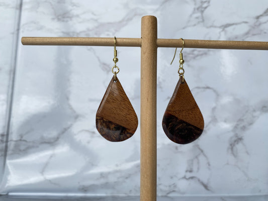 Walnut + black and gold swirl teardrop earrings