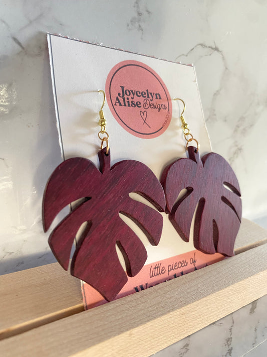 Monstera Purpleheart Wood Earrings