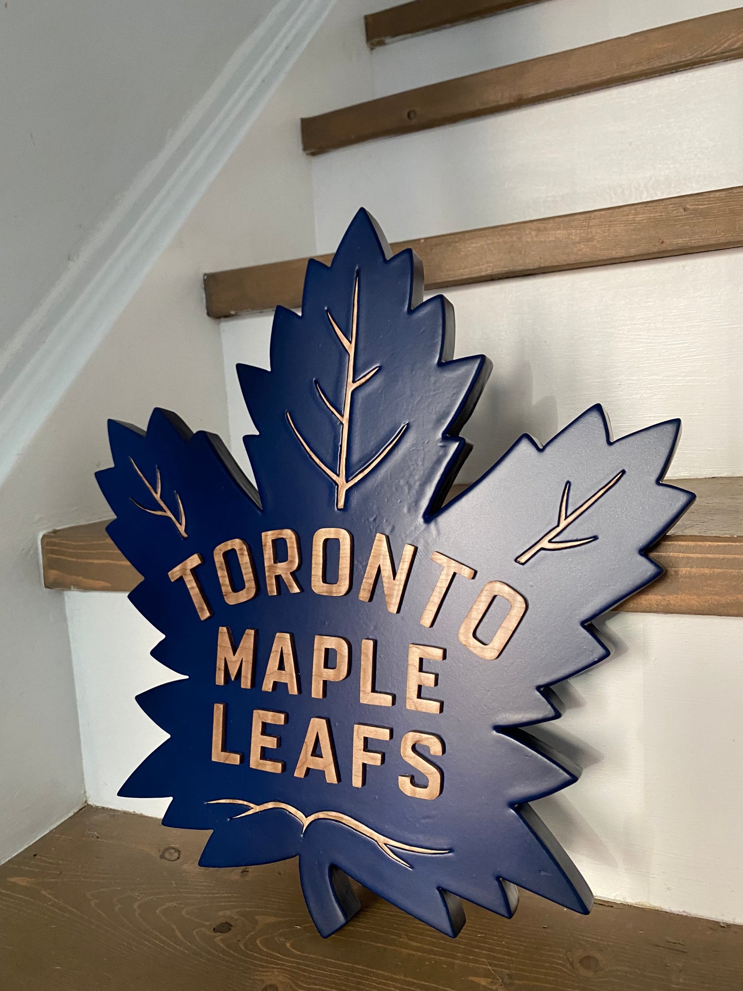 Toronto Maple Leafs Handcut logo-Blue/Curly Maple-AS IS-see description/video regarding paint damage!