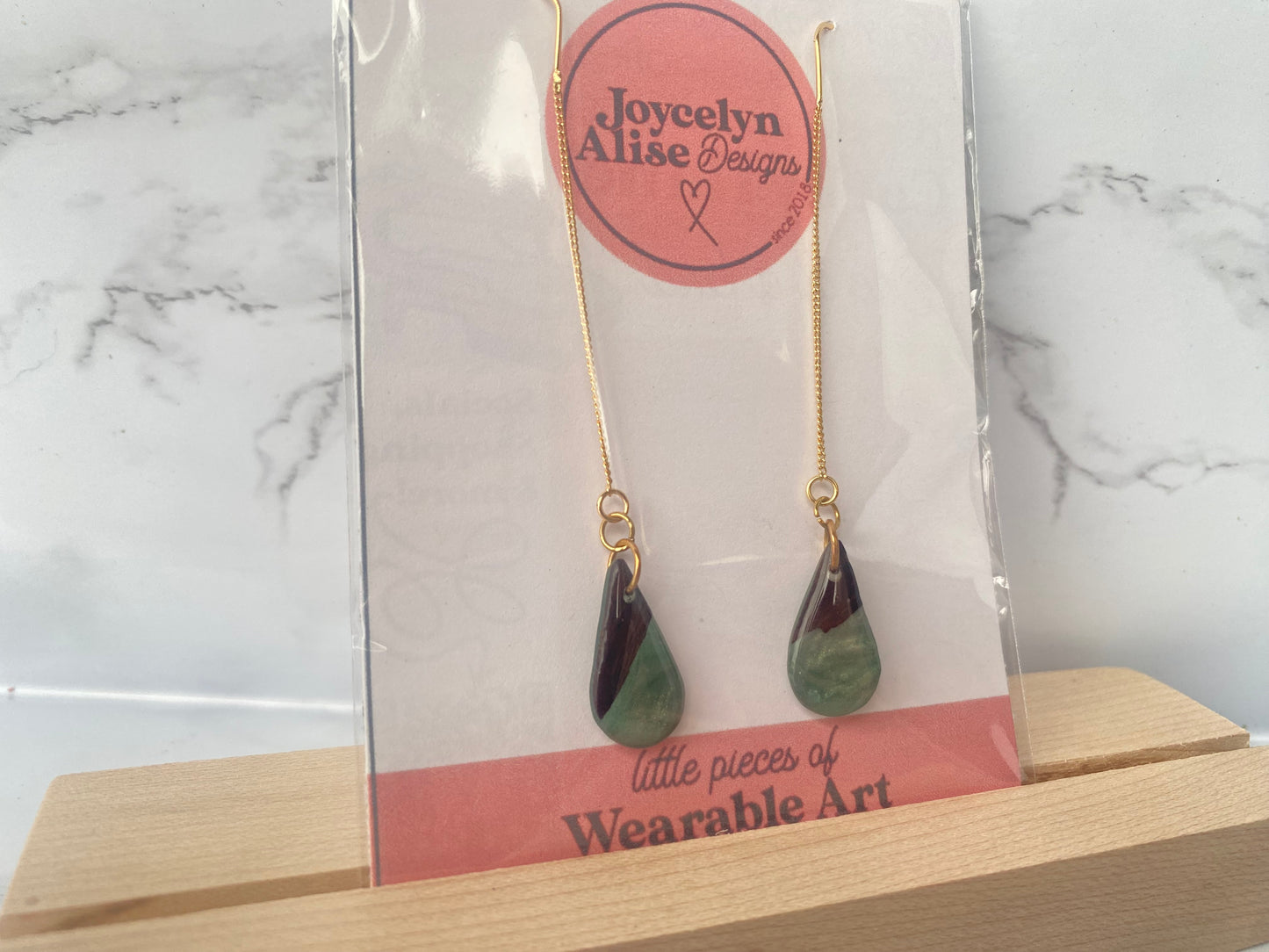 Live edge roasted ash wood + green epoxy threader earrings