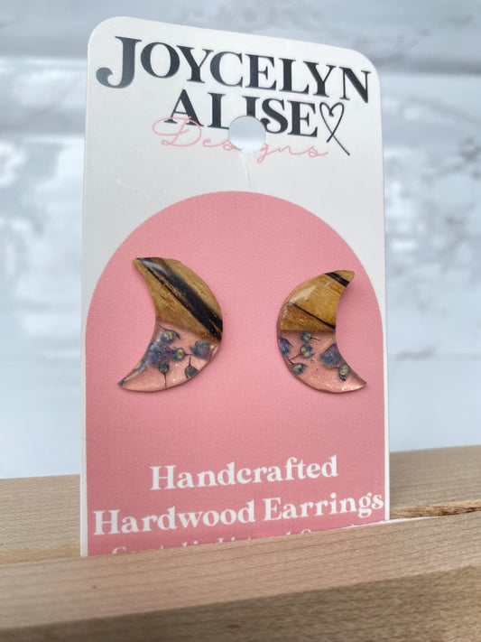 Spalted maple+ blue Baby’s Breath Crescent Moon studs
