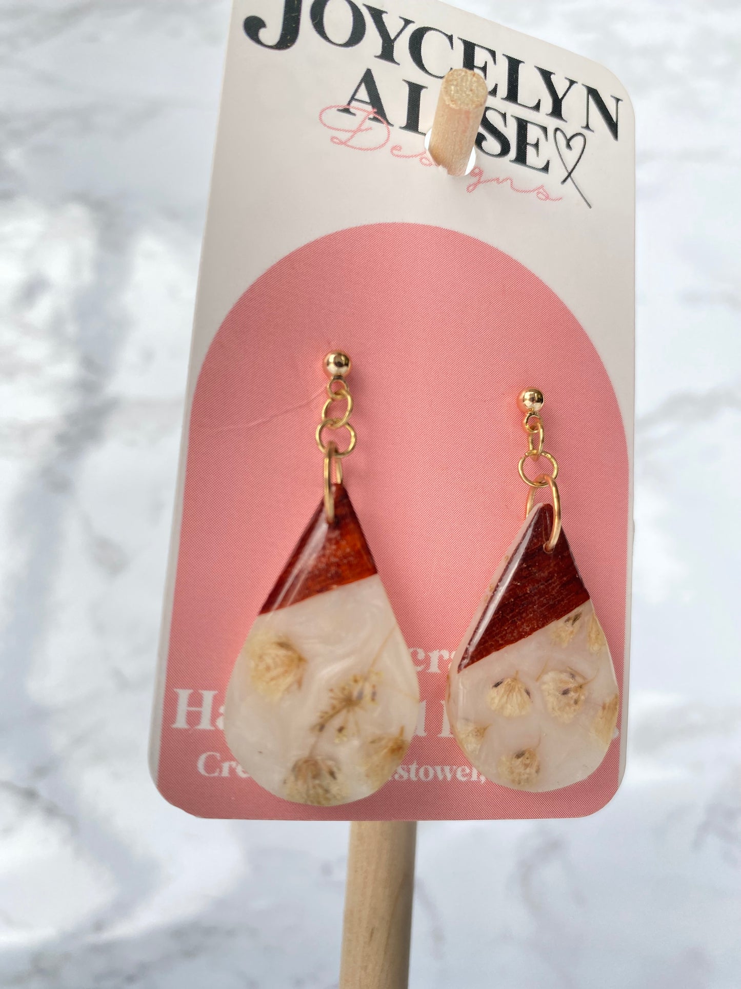 Padauk + white pearl and baby’s breath teardrop earrings